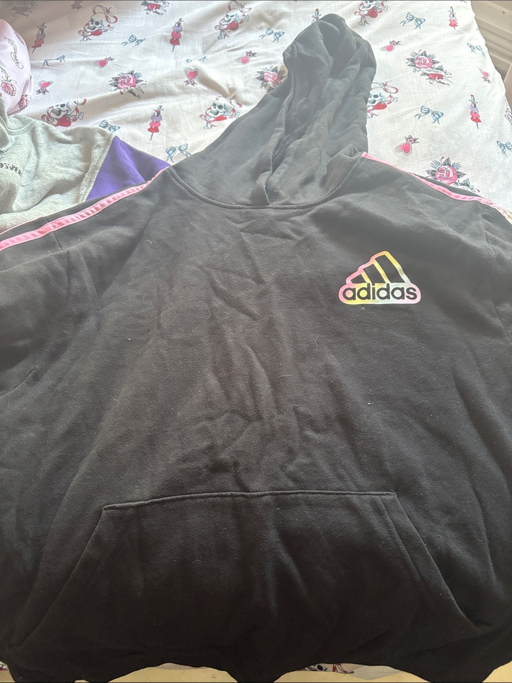 adidas Black Hoodie with Pink Trim and Rainbow Logo
